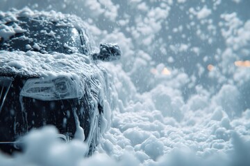 modern stylish black car in foam on a car wash on dark black background with. car care banner with place for text minimalism. no people. self-service car wash