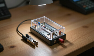 Fototapeta premium small compact device alligator clip attachment sits wooden workbench spotlight shining transparent cased tester