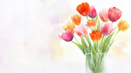 Beautiful watercolor depiction of bouquet of colorful tulips in glass vase, radiating joy and freshness