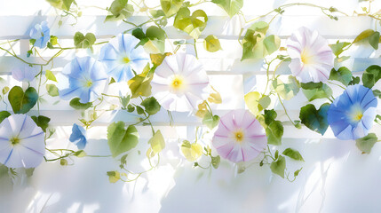 Beautiful watercolor depiction of climbing flowers with pastel colors and green leaves, creating serene and tranquil atmosphere