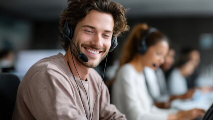 Young male call center operator providing customer support in a busy office environment during working hours - Powered by Adobe