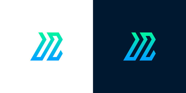 Modern abstract geometric logo design in a vibrant blue and green gradient, embodying dynamism and forward momentum, perfect for technology or digital business branding
