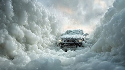 modern stylish black car in foam on a car wash on dark black background with. car care banner with place for text minimalism. no people. self-service car wash