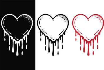 Artistic Dripping Heart Symbols in Various Colors, Perfect for Graphic Design and Emotional Themes