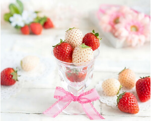 Fresh Red and White Strawberries in Glass Cup on White Background