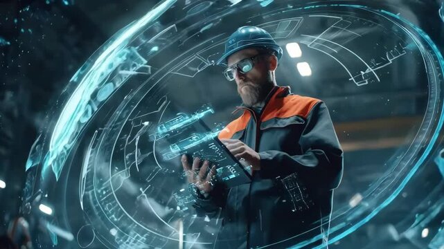 Medium shot of an operator monitoring robotic forging systems through digital interfaces emphasizing realtime control and oversight in automation.