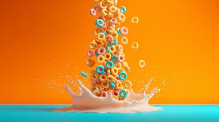 Colorful Cereal Rings Splashing into Milk on Orange Background. AI generative
