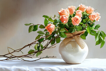 Beautiful arrangement of peach roses in white vase, showcasing elegance and charm, perfect for decoration or gifting
