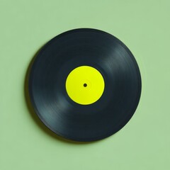 Vinyl record with yellow center label on green background. AI generative