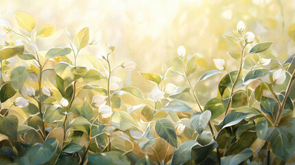 Serene watercolor painting of delicate green leaves and white flowers, evoking sense of tranquility and nature beauty
