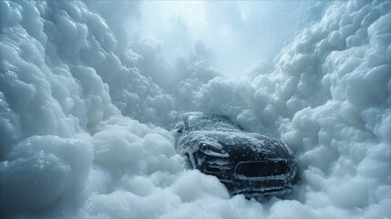 modern stylish black car in foam on a car wash on dark black background with. car care banner with place for text minimalism. no people. self-service car wash