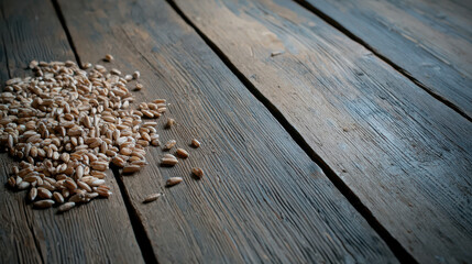 Wheat grains scattered on rustic wooden surface, creating natural and earthy atmosphere