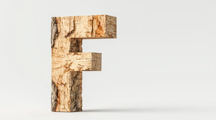 Wooden letter F with tree bark texture, showcasing natural beauty and craftsmanship