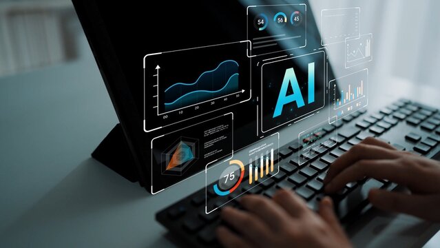 Futuristic workspace with computer displaying AI analytics, graphs, and data visualizations, showcasing the future of technology and innovation in digital environments Gluon. - Powered by Adobe