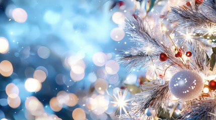 Bright festive lights and bokeh create magical atmosphere with shimmering decorations, sparkling ornaments, and winter foliage