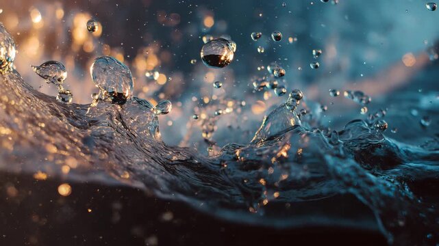 4K Dynamic water splash with droplets and bokeh lights abstract closeup of liquid in motion, creating waves and reflections video