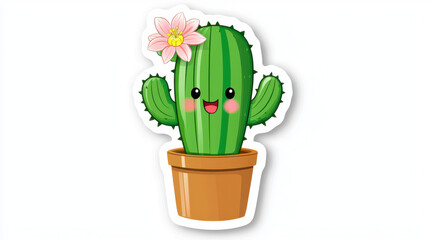 Cute cactus with flower in pot, smiling and cheerful, perfect for stickers or decorations
