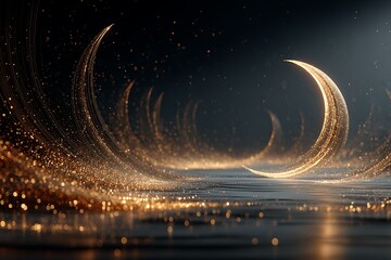 Golden crescent moons shining brightly over serene water with sparkling lights