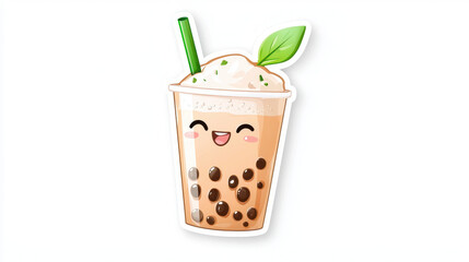Cute bubble tea cup with smiling face, topped with whipped cream and green leaf, perfect for stickers and fun designs