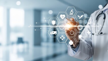 Doctor uses a smartphone to navigate a digital medical interface with various health icons.