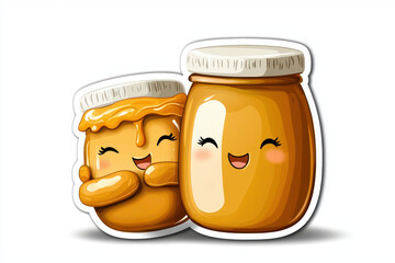 Cute and cheerful cartoon jars of peanut butter, one with smiling face and other with happy expression, create delightful sticker design