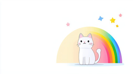 Cute anime cat with rainbow background, featuring bright colors and playful stars, evokes joyful and whimsical atmosphere