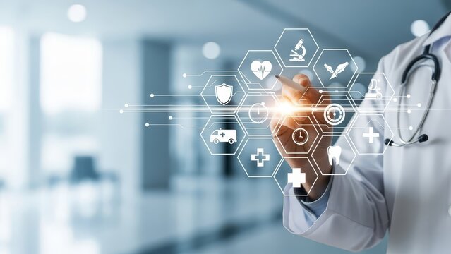 Doctor uses a smartphone to navigate a digital medical interface with various health icons. - Powered by Adobe
