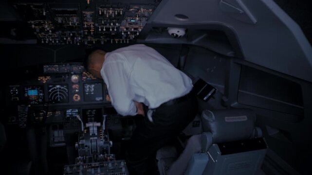 Commercial airplane pilot entering cockpit for a flight
