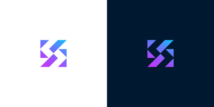 Abstract geometric logo with gradient colors on white and dark backgrounds