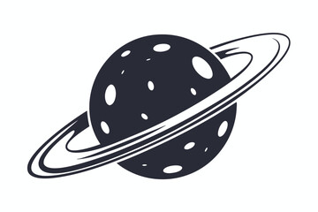 Dark dotted planet orbits within its ring system, which stands against a white backdrop © Shipon