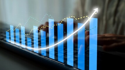 A visual representation of data analysis, showcasing financial growth with charts and graphs overlaying a keyboard in a modern business setting. Copula