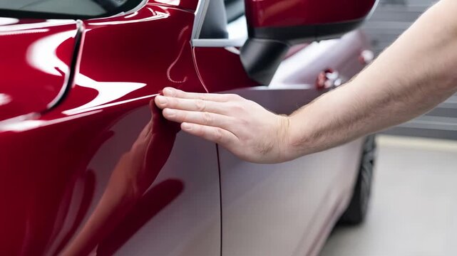 Closeup view of paintless dent repair process addressing minor imperfections from door dings focusing on craftsmanship and attention to detail