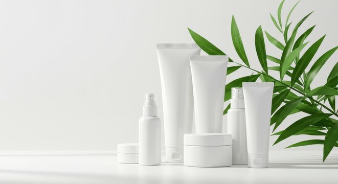Blank white cosmetic bottles styled with fresh plant for organic beauty mockup
