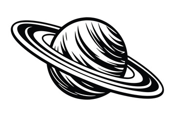 Dark gray planet with white spots and ring system stands against white backdrop © Shipon