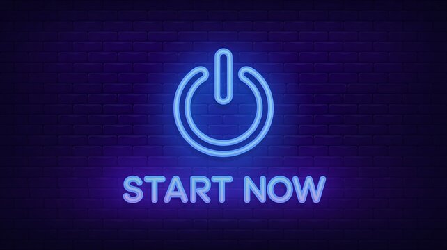 Glowing neon power button with start now text on brick wall background - Powered by Adobe