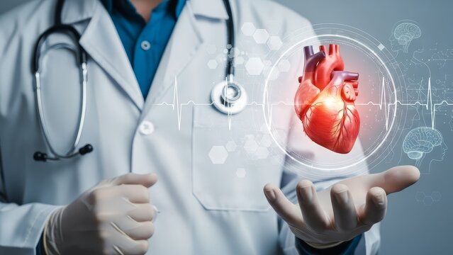 Doctor, wearing gloves, holds a realistic 3d model of a human heart that glows brightly in a circular digital interface. - Powered by Adobe