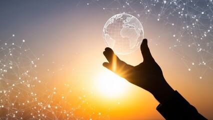 Hand holds a glowing digital globe against a sunset sky, symbolizing global opportunities and digital possibilities.