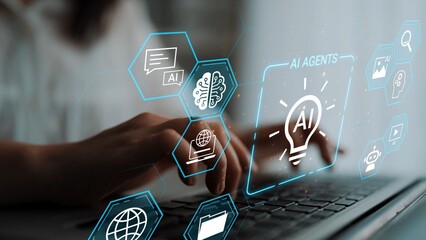 Close-up View of Hands Typing on Laptop with Artificial Intelligence Icons and Illustrations in Modern Digital Workspace Environment Gluon.