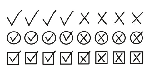 Hand drawn check and cross icons set in circle and square outline checklist marks vector illustration. Check tick mark icon set. Cross box x check mark checkbox v list vector draw hand drawn sketch © Iconpro333 