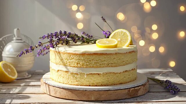 Lemon and lavender decorated cake with white icing on rustic wood surface in soft lighting
