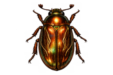 Golden shiny beetle with metallic shell, an iridescent jewel insect, unique wildlife design with transparent background