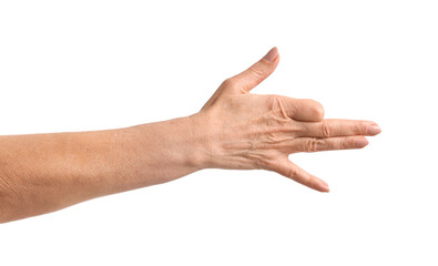Woman showing hand gesture on white background, closeup
