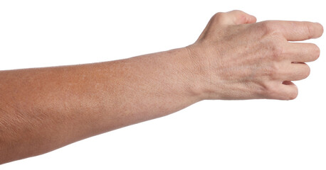 Woman holding something on white background, closeup