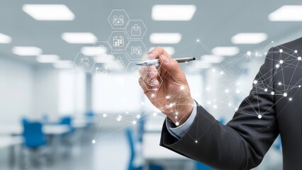 Man in a suit uses a stylus to draw a digital network of interconnected icons in a bright, modern office setting.