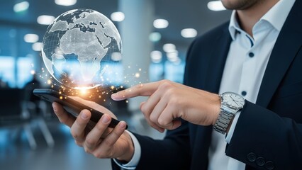 Man in a suit uses a smartphone to interact with a glowing holographic earth, showcasing digital transformation.