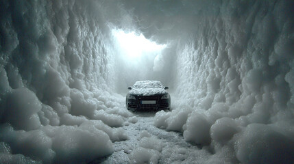 modern stylish black car in foam on a car wash on dark black background with. car care banner with place for text minimalism. no people. self-service car wash