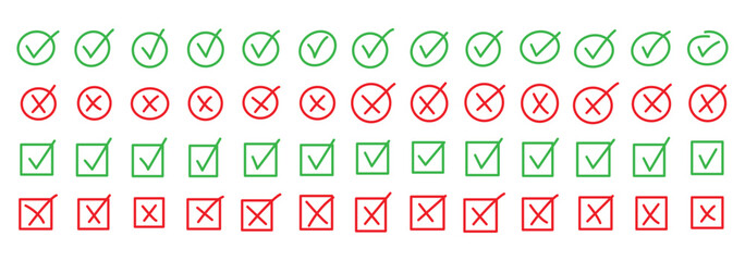 Hand drawn doodle checkmark and cross icons set checklist marks in box and circle grunge brush style vector illustration © Iconpro333 