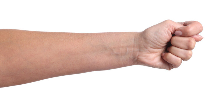Woman showing fig sign on white background, closeup