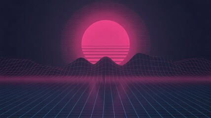 Vibrant neon sunset over futuristic mountain landscape with grid pattern