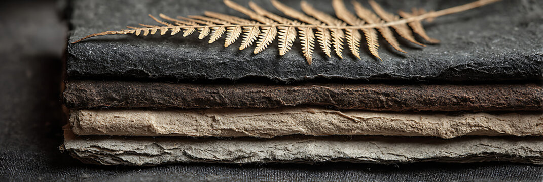Stack of textured handmade deckle edge papers in neutral earth tones with dried fern leaf, eco friendly natural stationery background for craft, branding, invitation mockup design
